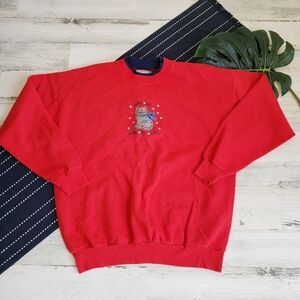 Vintage Cat Embroidered Hearts Sweatshirt Double Collar Red